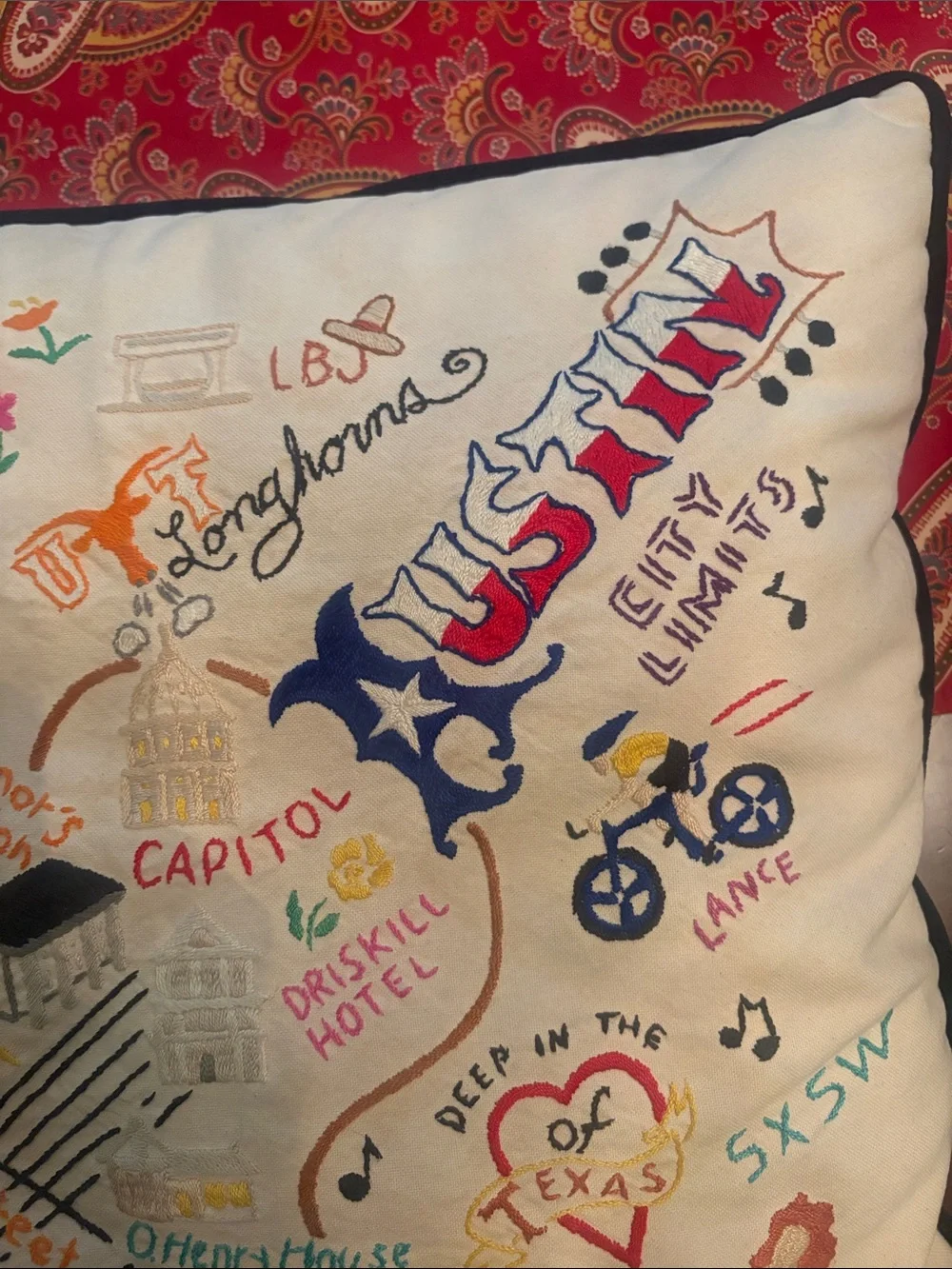 Embroidered Austin-Themed Decorative Throw Pillow - White